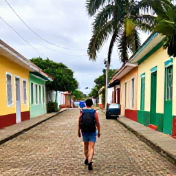 Caribbean Holidays, Trinidad Backpacking, Backpacker walking along a lively Caribbean street in Port of Spain, Trinidad, with colourful buildings and tropical greenery