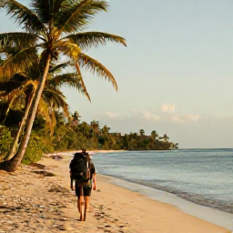 Caribbean Holidays, Trinidad Backpacking, Backpacker walking along a quiet tropical beach in Trinidad with palm trees, clear water and warm late-afternoon light