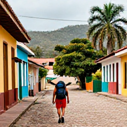 Caribbean Holidays, Trinidad Backpacking, Backpacker walking through Port of Spain, Trinidad, with colourful buildings, tropical greenery and distant hills