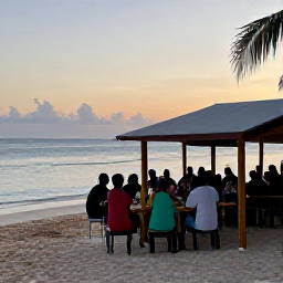 Caribbean Holidays, Trinidad Backpacking, Backpackers sharing a relaxed meal with local residents at a small beachside restaurant in Tobago at sunset