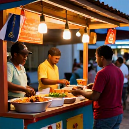 Caribbean Holidays, Trinidad Backpacking, Colourful Caribbean street food stall in Trinidad with local dishes, friendly vendors and evening lights