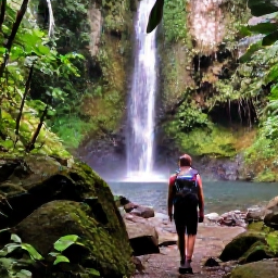 Caribbean Holidays, Trinidad Backpacking, Hiker on a forest trail in the Northern Range of Trinidad beside a small waterfall and lush tropical vegetation