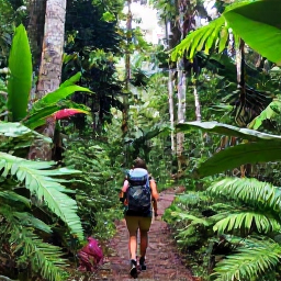 Caribbean Holidays, Trinidad Backpacking, Hiker on a forest trail in the Northern Range of Trinidad, surrounded by lush rainforest and tall tropical trees