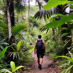 Caribbean Holidays, Trinidad Backpacking, Hiker on a forest trail in the Northern Range of Trinidad, surrounded by lush rainforest and tropical plants
