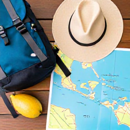 Caribbean Holidays, Trinidad Backpacking, Open Caribbean travel map beside a backpack, sun hat and tropical fruit on a wooden table