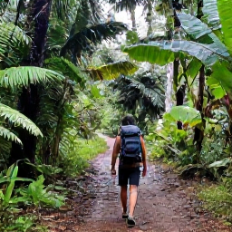 Caribbean Holidays, Trinidad Backpacking, Relaxed backpacker exploring a lush rainforest trail in Trinidad after a tropical shower