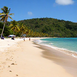 Caribbean Holidays, Trinidad Backpacking, Relaxed backpackers on a quiet golden beach in Tobago, with turquoise sea, palm trees and forested hills