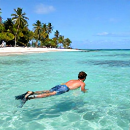 Caribbean Holidays, Trinidad Backpacking, Traveller snorkelling in clear turquoise water at Pigeon Point in Tobago with a sandy beach and palm trees