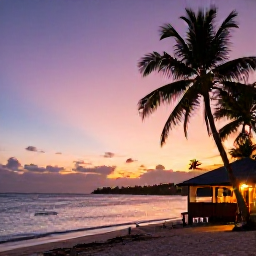 Caribbean Holidays, Trinidad Beach Holidays, A colourful sunset over a Trinidad beach, with palm silhouettes, calm sea and a small local restaurant glowing warmly nearby
