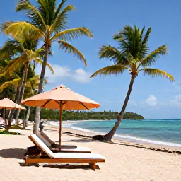 Caribbean Holidays, Trinidad Beach Holidays, A comfortable Caribbean resort near a tropical beach in Tobago, with sun loungers, palms and a relaxed October holiday atmosphere