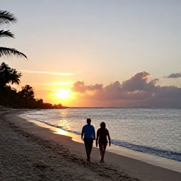 Caribbean Holidays, Trinidad Beach Holidays, A couple enjoying a sunset walk along a Caribbean beach in Trinidad and Tobago, with warm evening light and calm sea