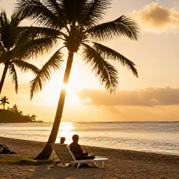 Caribbean Holidays, Trinidad Beach Holidays, A couple relaxing beneath palm trees beside a Caribbean beach at sunset in Tobago, with warm golden light and calm sea