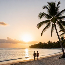 Caribbean Holidays, Trinidad Beach Holidays, A couple walking along a tropical beach at sunset in Tobago, with calm sea, palm silhouettes and warm evening light