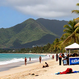 Caribbean Holidays, Trinidad Beach Holidays, A lively Trinidad seaside scene at Maracas Bay with golden sand, green mountains, swimmers and local food stalls