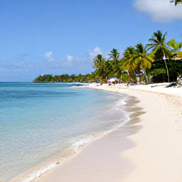 Caribbean Holidays, Trinidad Beach Holidays, A panoramic January beach scene at Pigeon Point in Tobago, with calm turquoise water, white sand, palm trees and a few relaxed holidaymakers