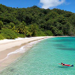 Caribbean Holidays, Trinidad Beach Holidays, A quiet crescent beach in Tobago surrounded by green hills and rainforest, with a snorkeller in clear shallow water