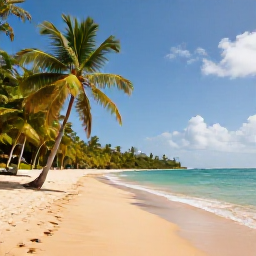 Caribbean Holidays, Trinidad Beach Holidays, A quiet tropical beach in Trinidad and Tobago in October, with palm trees, warm turquoise water and soft golden sand