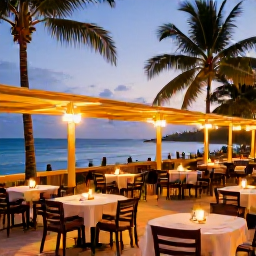 Caribbean Holidays, Trinidad Beach Holidays, A relaxed Caribbean evening at a beachfront restaurant in Tobago, with outdoor tables, warm lights, palm trees and the sea beyond