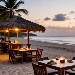 Caribbean Holidays, Trinidad Beach Holidays, A relaxed evening at a Trinidad and Tobago beach restaurant, local Caribbean food, warm sunset light and tables near the shore