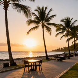 Caribbean Holidays, Trinidad Beach Holidays, A relaxed evening beside the sea in Trinidad, with a beach promenade, warm sunset light, palm trees and outdoor dining