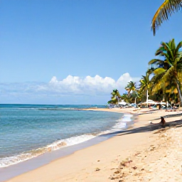 Caribbean Holidays, Trinidad Beach Holidays, A sunny Caribbean beach in Trinidad with calm turquoise water, golden sand, palm trees and a few relaxed holidaymakers