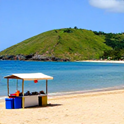 Caribbean Holidays, Trinidad Beach Holidays, A sunny coastal view of Maracas Bay in Trinidad, with green hills, golden sand, blue sea and a local food stall nearby