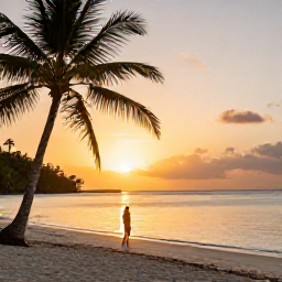 Caribbean Holidays, Trinidad Beach Holidays, A traveller enjoying a sunset on a Trinidad and Tobago beach, with golden light over palm trees and calm Caribbean water