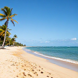 Caribbean Holidays, Trinidad Beach Holidays, A wide, tranquil Caribbean beach in Trinidad with golden sand, palm trees and calm turquoise water under a clear blue sky
