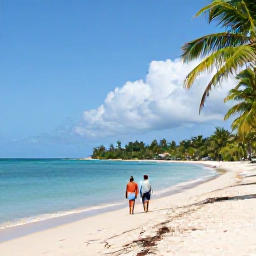 Caribbean Holidays, Trinidad Beach Holidays, A wide tropical beach on Trinidad with calm turquoise water, palm trees and a relaxed couple walking along the shore