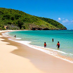 Caribbean Holidays, Trinidad Beach Holidays, Golden sandy beach on Tobago with clear Caribbean water, snorkellers near the shore and lush green hills in the background