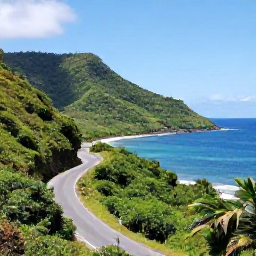 Caribbean Holidays, Trinidad Beach Holidays, Green rainforest-covered hills and a winding coastal road in Tobago under clear tropical March skies