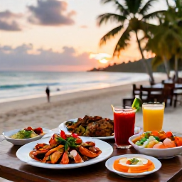 Caribbean Holidays, Trinidad Beach Holidays, Outdoor Caribbean restaurant serving fresh seafood and colourful local dishes beside a Tobago beach at sunset