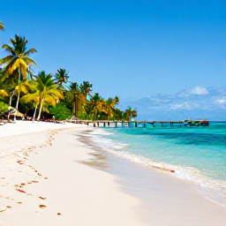 Caribbean Holidays, Trinidad Beach Holidays, Pigeon Point beach in Tobago with white sand, calm blue sea, wooden jetty and colourful palm-fringed coastline