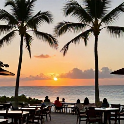 Caribbean Holidays, Trinidad Beach Holidays, Relaxed Caribbean beach resort in Tobago at sunset, outdoor restaurant tables, palm trees and visitors enjoying a warm May evening