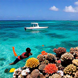 Caribbean Holidays, Trinidad Beach Holidays, Snorkellers exploring a colourful coral reef near Tobago, clear tropical water, bright fish and a small boat offshore
