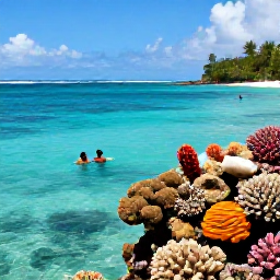 Caribbean Holidays, Trinidad Beach Holidays, Snorkellers exploring colourful coral and tropical fish in clear Tobago waters near a sheltered Caribbean bay