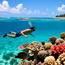 Caribbean Holidays, Trinidad Beach Holidays, Travellers snorkelling in clear Caribbean water beside colourful coral and tropical fish near Tobago, sunny coastal scenery