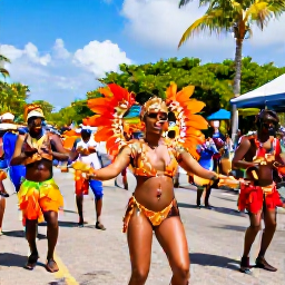 Caribbean Holidays, Trinidad Beach Holidays, Visitors enjoying a colourful Trinidad Carnival street celebration with elaborate costumes, music, dancing and tropical sunshine