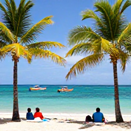 Caribbean Holidays, Trinidad Beach Holidays, Visitors relaxing beneath palm trees beside the clear shallow water at Pigeon Point Beach, Tobago, with colourful boats offshore