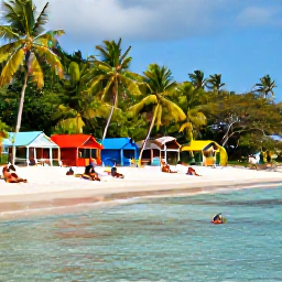 Caribbean Holidays, Trinidad Beach Holidays, Visitors swimming and relaxing on calm Pigeon Point beach in Tobago, clear blue water, palm trees and colourful beach huts