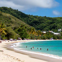 Caribbean Holidays, Trinidad Beach Holidays, Visitors swimming and relaxing on Maracas Bay beach, Trinidad, surrounded by green hills and tropical scenery