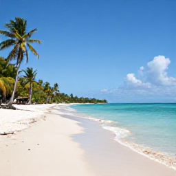 Caribbean Holidays, Trinidad Beach Holidays, Wide sandy Caribbean beach in Trinidad with calm turquoise water, palm trees and bright March sunshine
