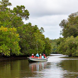 Caribbean Holidays, Trinidad Birdwatching, Birdwatchers travelling by small boat through tranquil mangrove channels in Caroni Swamp, Trinidad