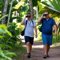 Caribbean Holidays, Trinidad Birdwatching, Friendly birdwatchers with binoculars walking along a shaded tropical trail in Trinidad and Tobago