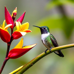 Caribbean Holidays, Trinidad Birdwatching, Hummingbird perched beside tropical flowers at the Asa Wright Nature Centre in Trinidad's forested Northern Range