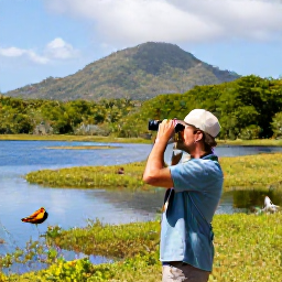 Caribbean Holidays, Trinidad Birdwatching, Relaxed birdwatcher using binoculars beside a quiet Trinidad wetland with tropical hills in the background