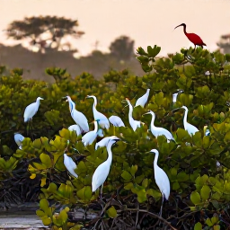 Caribbean Holidays, Trinidad Birdwatching, Scarlet ibis and snowy egrets feeding among mangrove trees at dawn in the Caroni Swamp, Trinidad