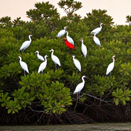 Caribbean Holidays, Trinidad Birdwatching, Scarlet ibis and snowy egrets gathered among mangrove trees at dawn in the Caroni Swamp, Trinidad