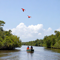 Caribbean Holidays, Trinidad Birdwatching, Small guided boat travelling through mangrove channels in Caroni Swamp with scarlet ibis flying overhead
