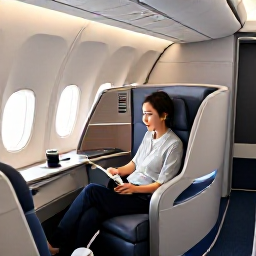 Caribbean Holidays, Trinidad Business Class, Business-class passenger relaxing in a comfortable aircraft seat on a modern flight to Trinidad, with elegant cabin details and soft natural light